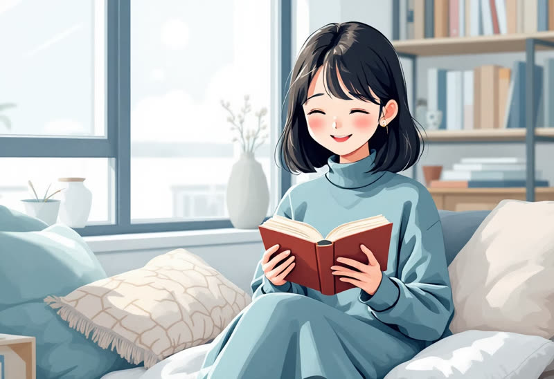 A smiling girl reading a book on a sofa
